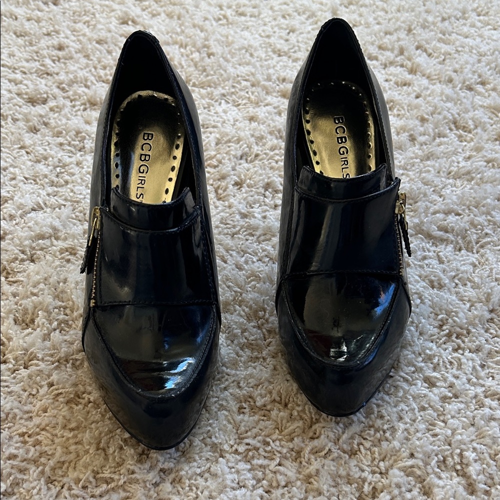 BCBGeneration Shiny Black Heels with Gold Zipper